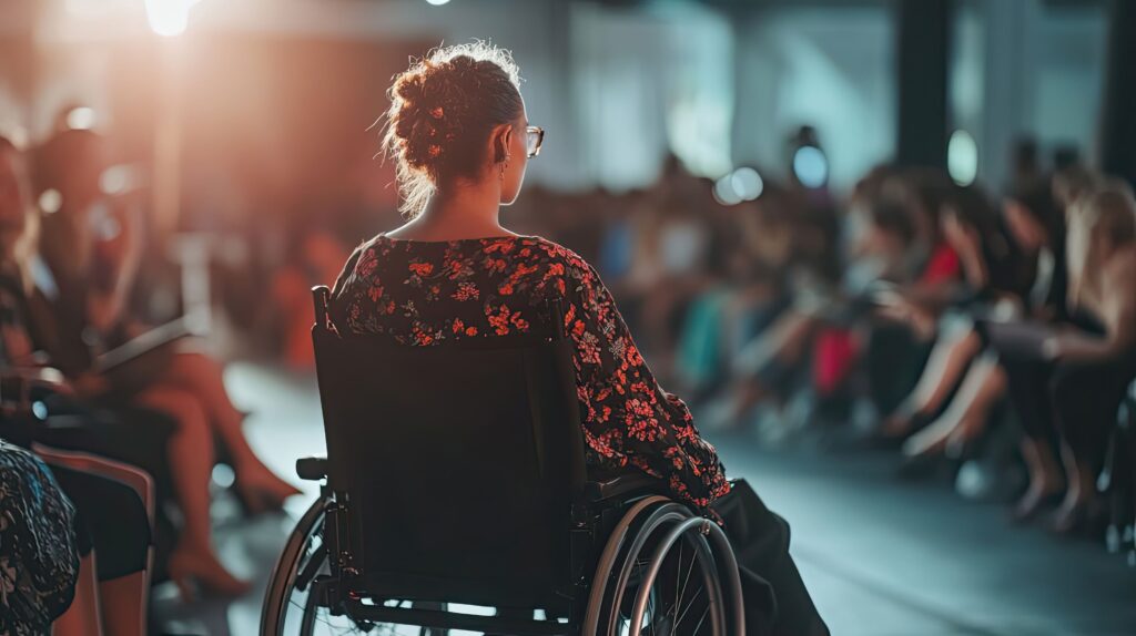 A woman sat in a manual wheelchair addressing an audience