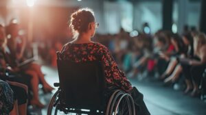 A woman sat in a manual wheelchair addressing an audience