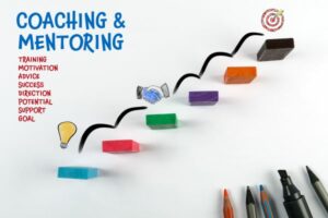 A colourful upwards path with several words - Training, Motivation, Advice, Success, Direction, Potential, Support and Goal.