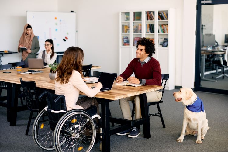 A wheelchair user sitting across a table from someone with an assistance dog