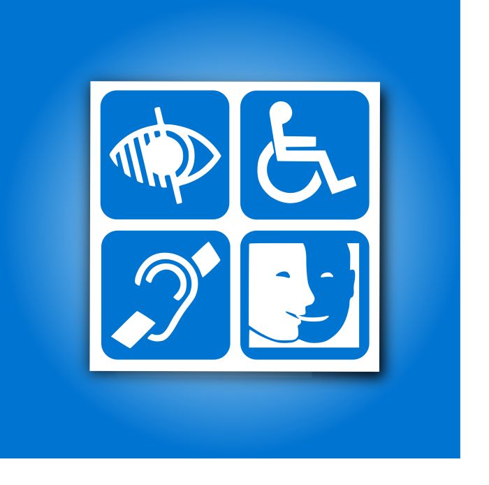 Blue background sign with four disability symbols, including wheelchair and hearing loop sign.