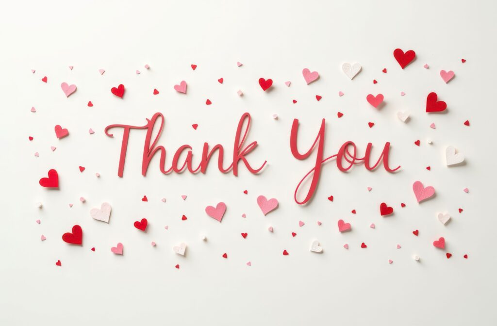 White background with lots of red, pink & white hearts. Words "Thank-you" are in red in the middle