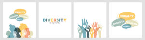 Images of groups of people with their hands up and text includes "diversity is a priority"