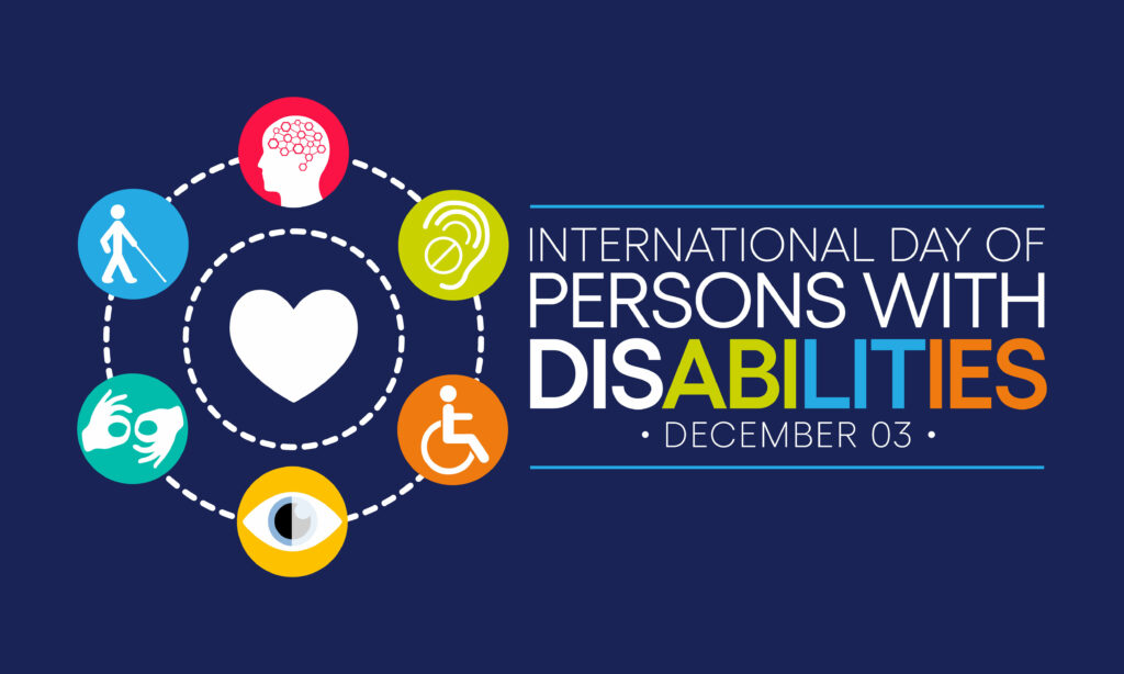 International Day of Persons with Disabilities graphic, December 3, with icons representing different disabilities. Free online training to celebrate