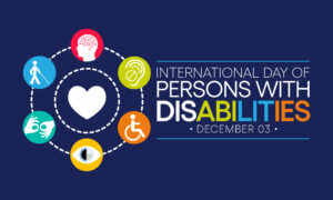 International Day of Persons with Disabilities graphic, December 3, with icons representing different disabilities. Free online training to celebrate