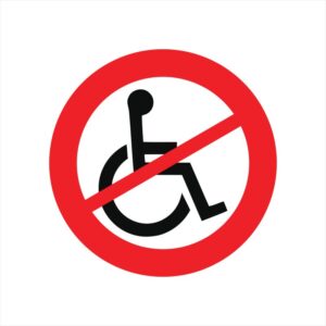 A wheelchair symbol within a red circle with a red strike out across it