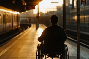 An individual sat in a manual wheelchair at an empty train station